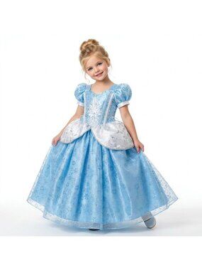 Girls Cinderella Princess Costume Dress Blue Silver Satin Organza Birthday Party